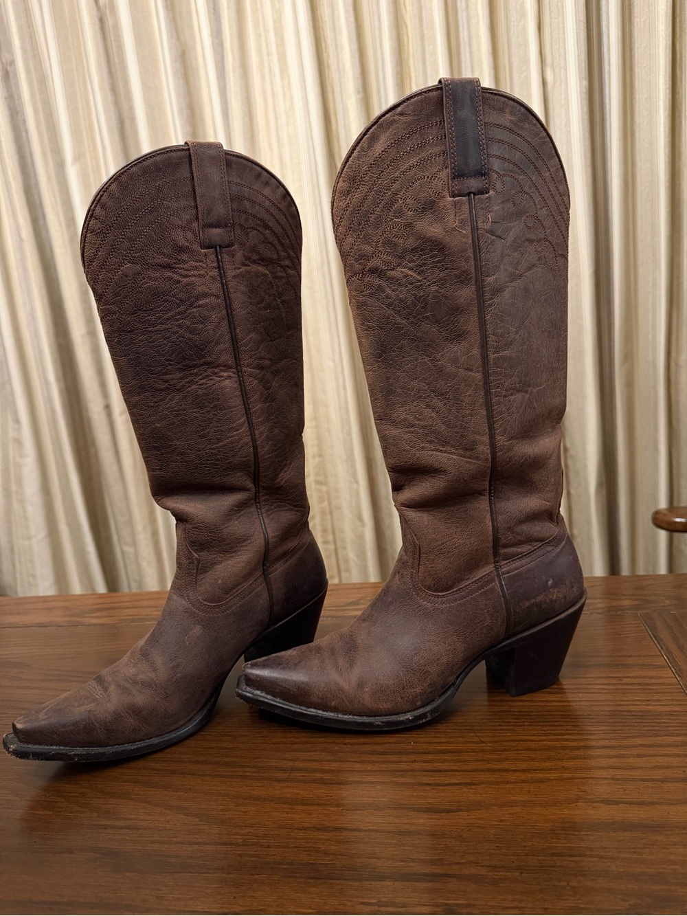 Shyanne Dark Brown Distressed Leather Cowboy Knee Boots - Picture 3 of 6